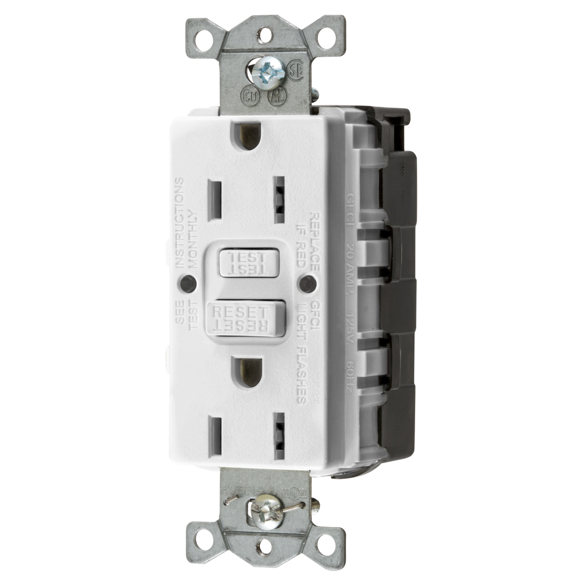 GFRST15SNAPW 1-Phase Heavy Duty Self-Test Screw Mount GFCI Receptacle, 125 VAC, 15 A, 2 Poles, 3 Wires, White