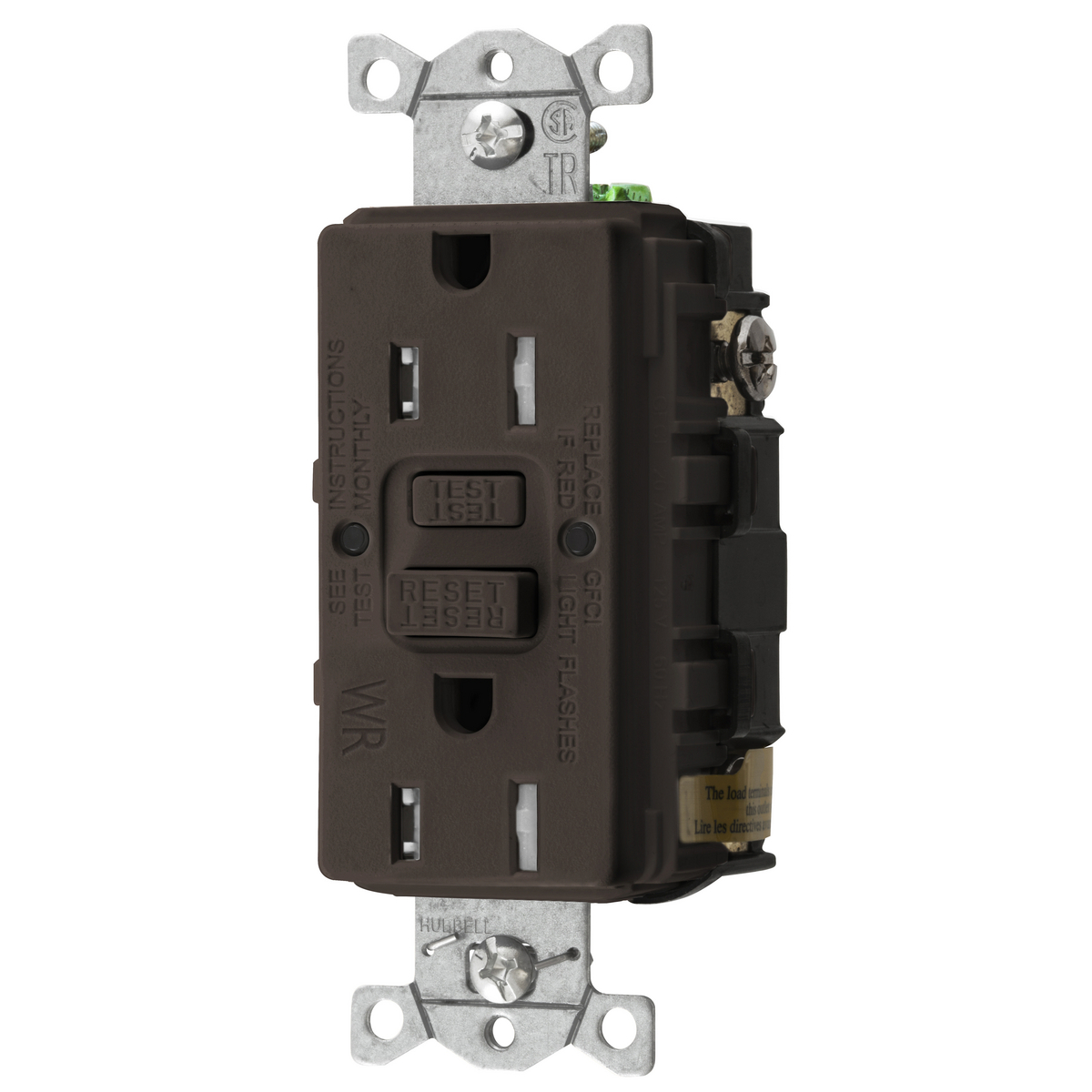 GFTWRST15 1-Phase Decorator Duplex Standard Self-Test Screw Mount GFCI Receptacle, 125 VAC, 15 A, 2 Poles, 3 Wires, Brown
