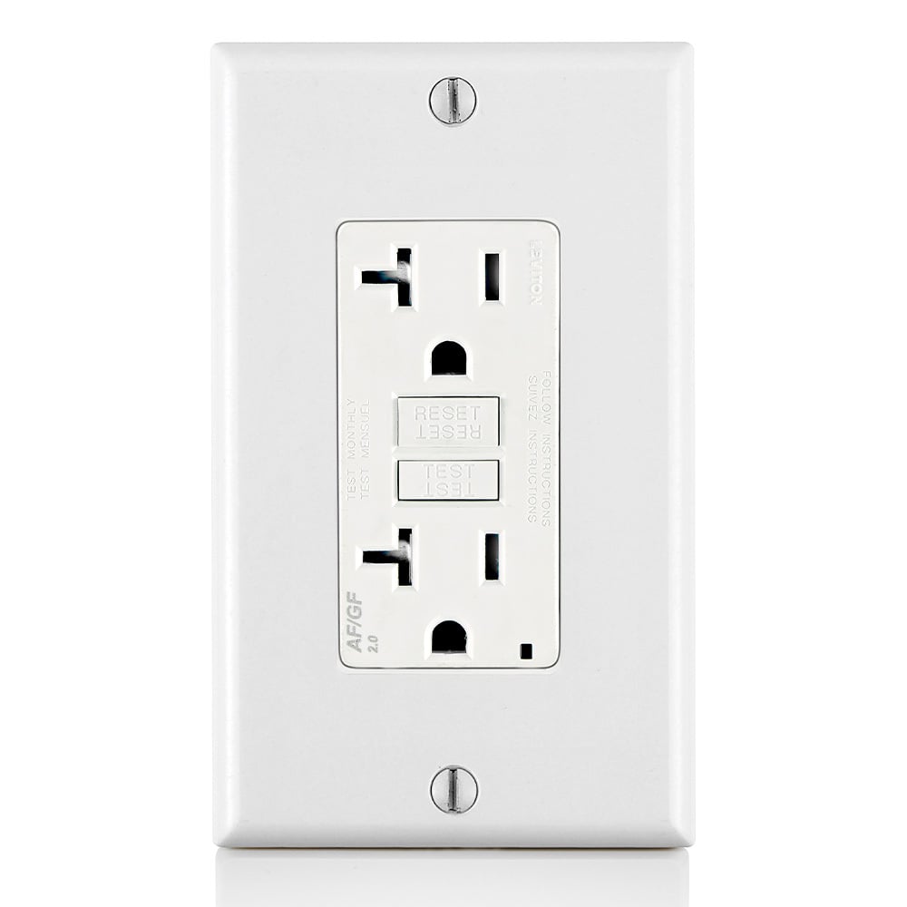 AGTR2-W Decora Dual Function AFCI/GFCI Receptacle, 125 V AC, 20 A, 2 Poles, 3 Wires, White