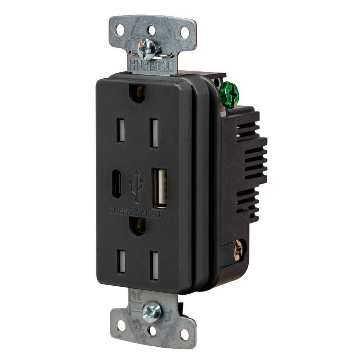 USB15ACBK Hubbell-PRO Line Decorator Style USB Charger Duplex Receptacle, 15 A 125 V AC, 1 Phase, 2 Poles, 3 Wires, Black