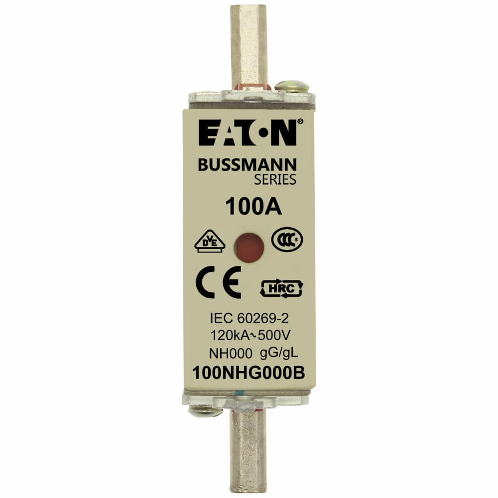 Eaton Bussmann series low voltage NH Fuse, Live gripping lug, 500V, 100A, 120 kAIC, Combination fuse status indicator, Blade end connection, Class C gL/gG, square-body with knife blade contact, Metal plated copper contact plat-100NHG000B