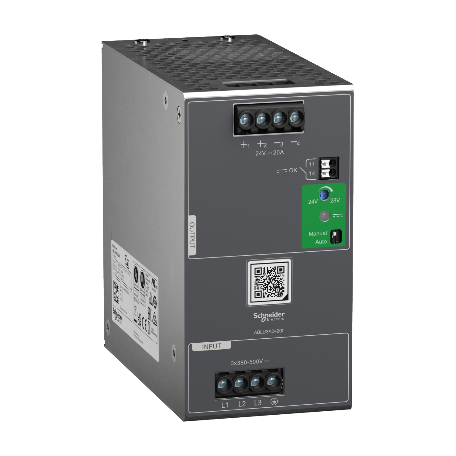 ABLU3A24200 Regulated Power Supply, 380 to 500 V AC Input, 24 VDC Output, 480 W Power Rating, 20 A, DIN Rail Mounting