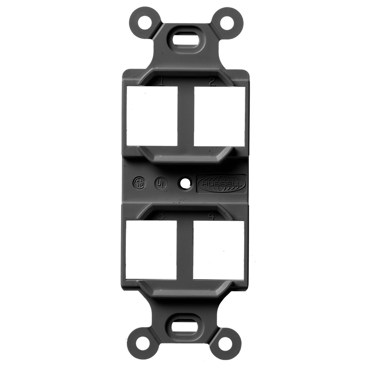 Q106B Duplex Unloaded Outlet Frame, 1 Gangs, 4 Ports, High-Impact Thermoplastic, Black, For Use With Jack and Audio/Video Connectors