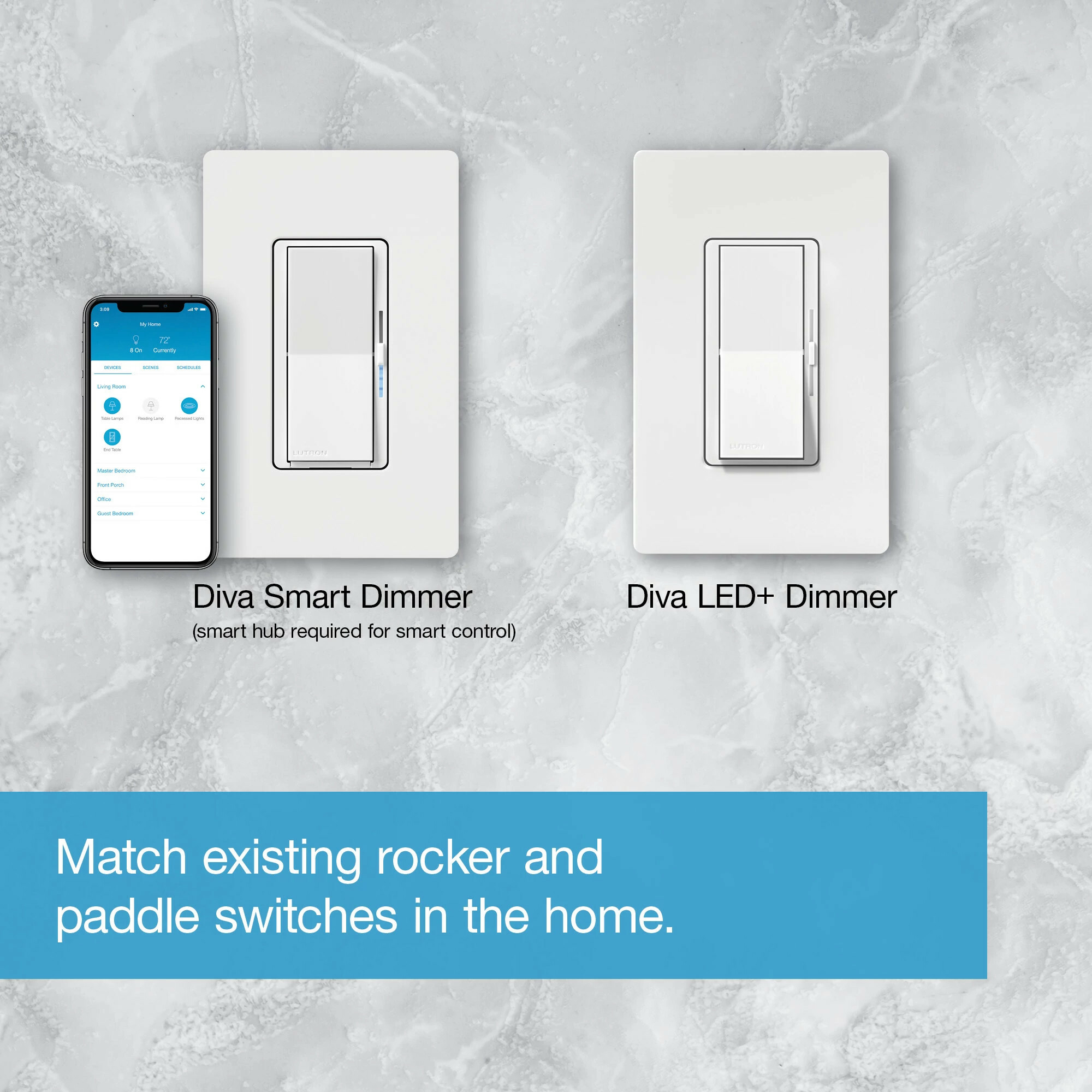 DVRF-6L-WH Diva Smart Dimmer Switch for Caseta, 150W LED, 1 Pole, No Neutral Required, 120V, White