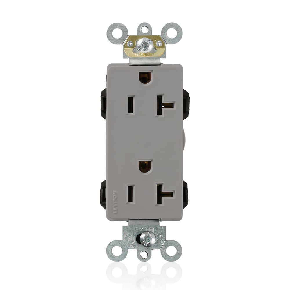 M1636-GY Decora Plus Lev-Lok 1-Phase Duplex Heavy Duty Self-Grounding Straight Blade Receptacle, 125 V AC, 20 A, 2 Poles, 3 Wires, Gray