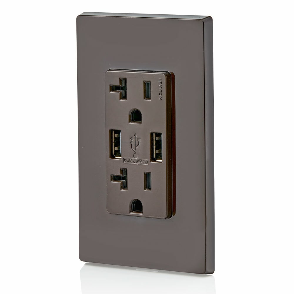 T5832-B Combination Tamper-Resistant USB Charger/Duplex Receptacle, 20 A, 125 V AC, Brown