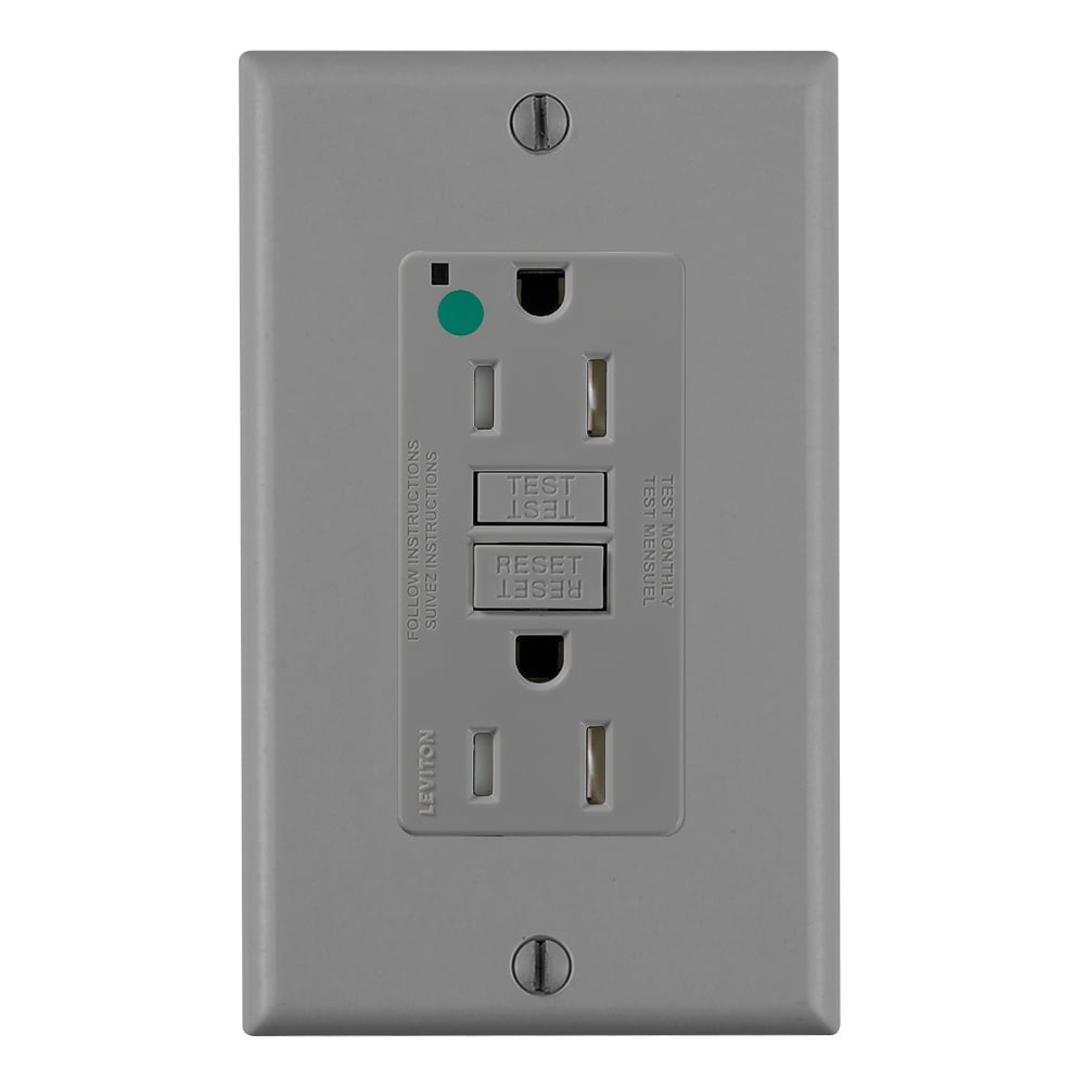 GFTR1-HGG SmartlockPro Slim Duplex Feed Through Self-Test Tamper Resistant GFCI Receptacle With LED Indicator, 125 V AC, 15 A, 2 Poles, 3 Wires, Gray