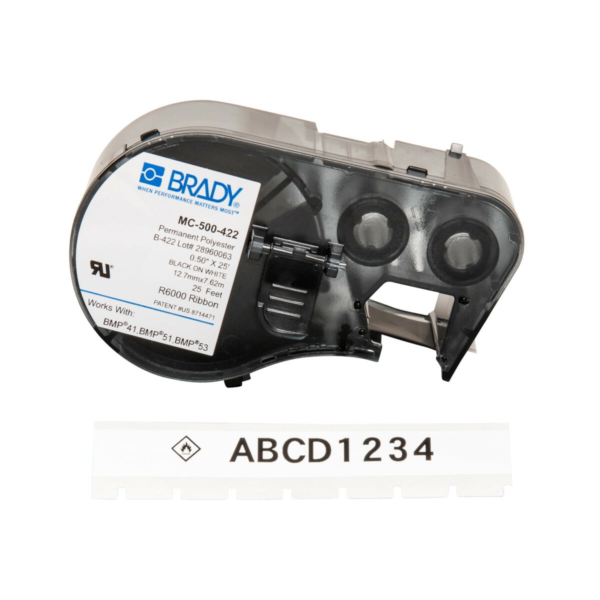 MC-500-422 ToughBond M Series Label Maker Cartridge, 25 ft L x 1/2 in W, For Use With BMP 41 Label Printers, BMP 51 and BMP 53 Label Maker, B-422 Polyester, Black on White