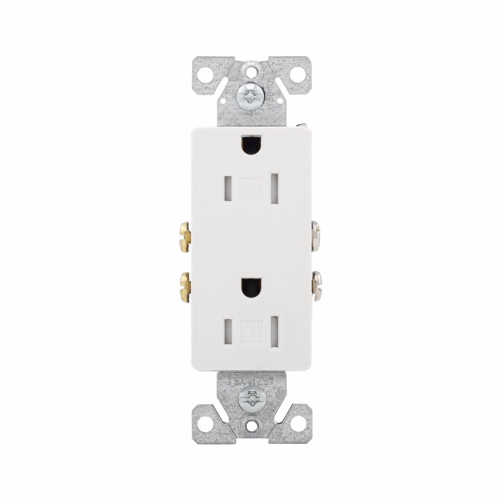 TR1107W-BOX TR1107 Decorator Duplex Tamper-Resistant Straight Blade Receptacle, 125 V AC, 15 A, 2 Poles, 3 Wires, White