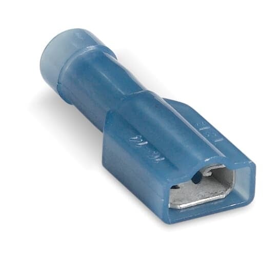 KNF14-250FD-M Spec-Kon Female Disconnect, 16 to 14 AWG Conductor, 0.25 in W x 0.032 in THK Tab, Funnel Entry/Internal Serration/Long Barrel, Brass/Copper, Blue, Fully Insulated