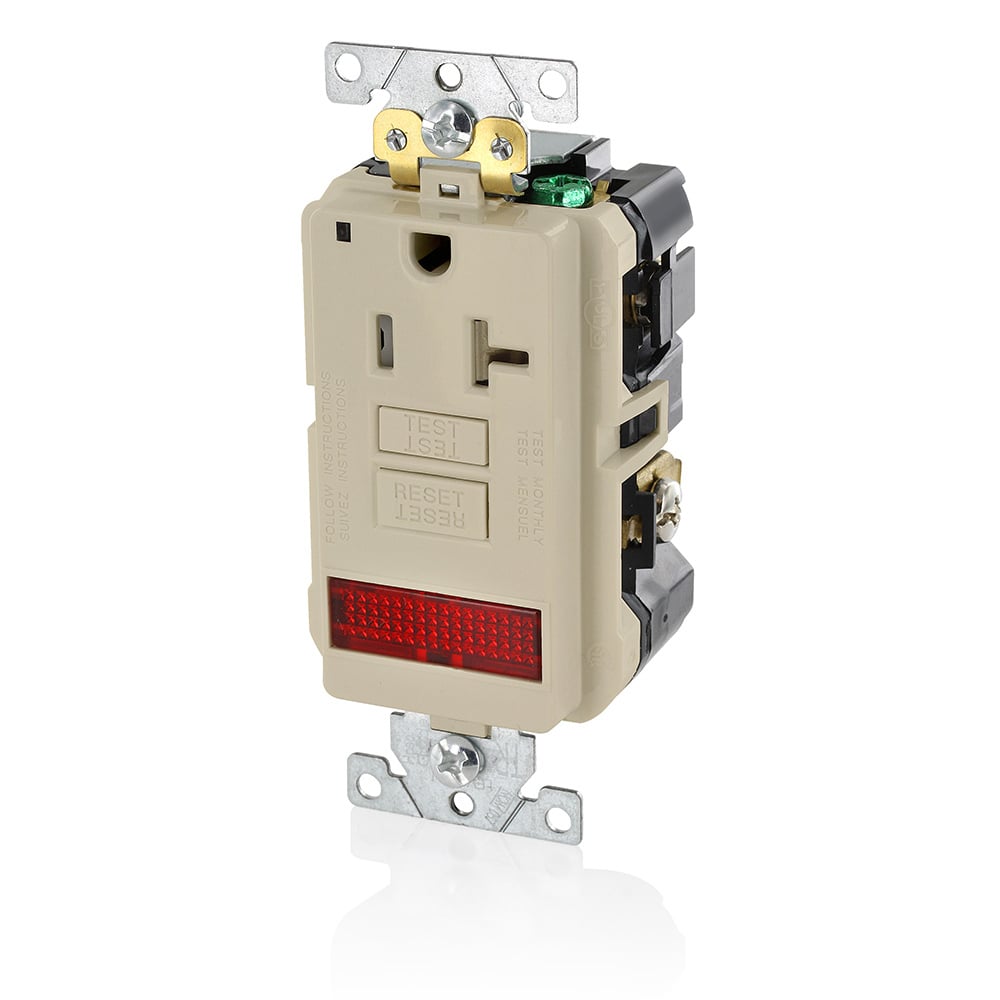 GFPL2-PLT SmartlockPro Slim Extra Heavy Duty Single Self-Test Tamper Resistant GFCI Receptacle With LED Pilot Light, 20 A, 125 V AC, 1 hp, 2 Poles, 3 Wires, 14 to 10 AWG Wire