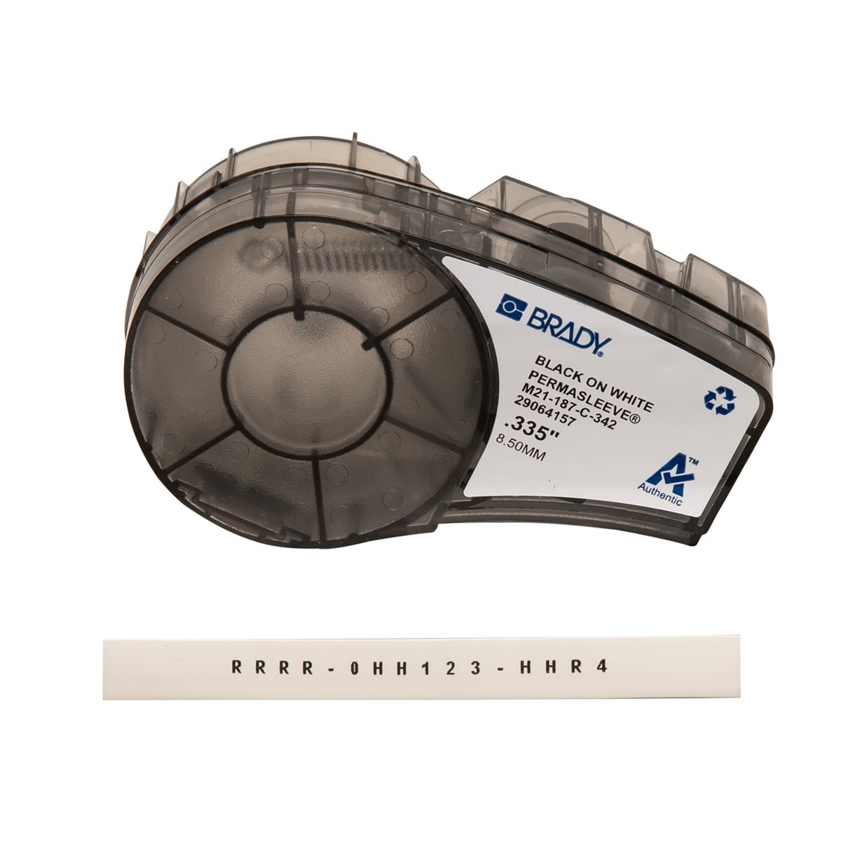 M21-187-C-342 PermaSleeve BMP21 Heat Shrink Tubing Cartridge Label, 7 ft L x 0.335 in W, Black on White, B-342 Polyolefin