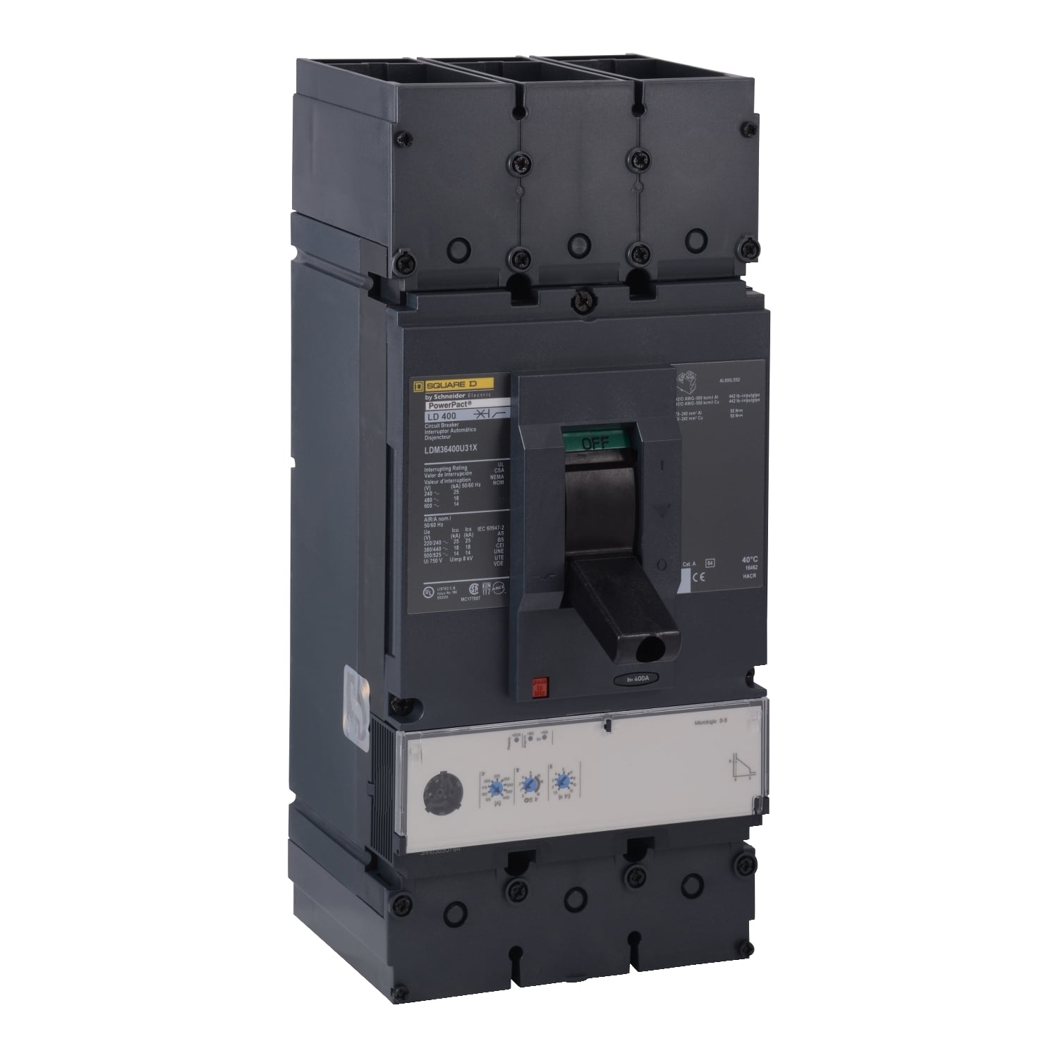LJM36400U31X PowerPact Standard Molded Case Circuit Breaker, 600 VAC, 400 A, 100 kA at 240 VAC/65 kA at 480 VAC/25 kA at 600 VAC Interrupt, 3 Poles, Electronic Trip