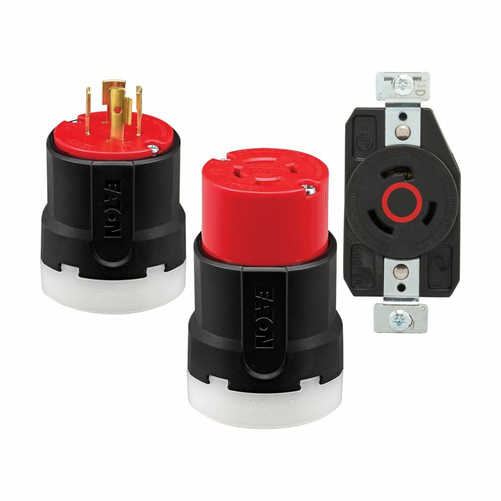 Eaton Arrow Hart Color Coded Locking Plug, #14-8 AWG, 30A, Industrial, 3Y 277/480 V, Back, Red, Black, Ultra grip, Nylon, L19-30, Four-pole, Four-wire, Nylon, 0.38 - 1.16" (9.5 - 29.5mm), -40C (w/o impact) to 60C (-40F to 140F)