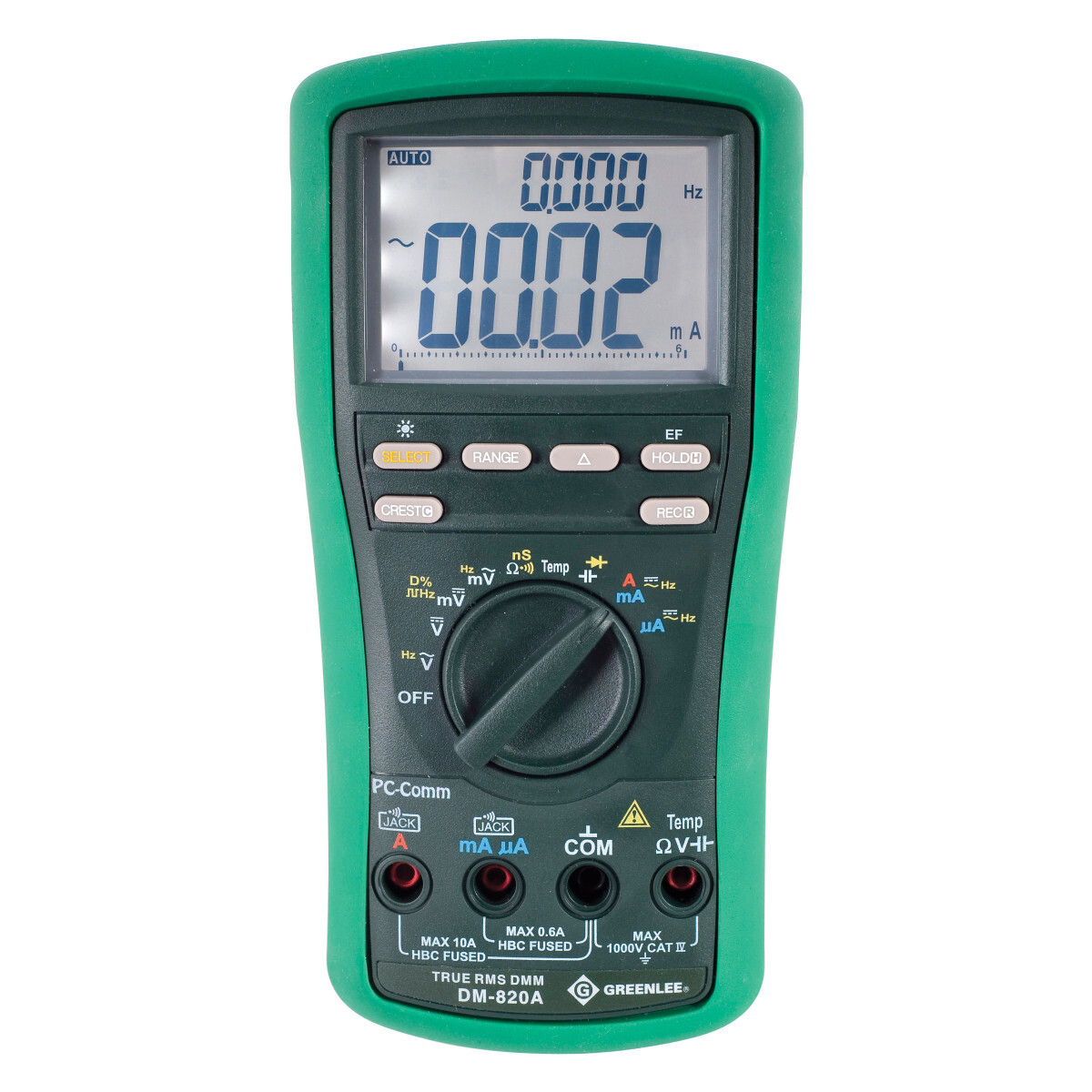 DM-820A 800A Digital Multimeter, 60 mV to 999.9 V AC/DC, 6000 to 10 A, 600 Ohm to 60 MOhm Measuring, 600 Ohm, 6/60/600 kOhm, 6/60 MOhm, Backlit LCD Display