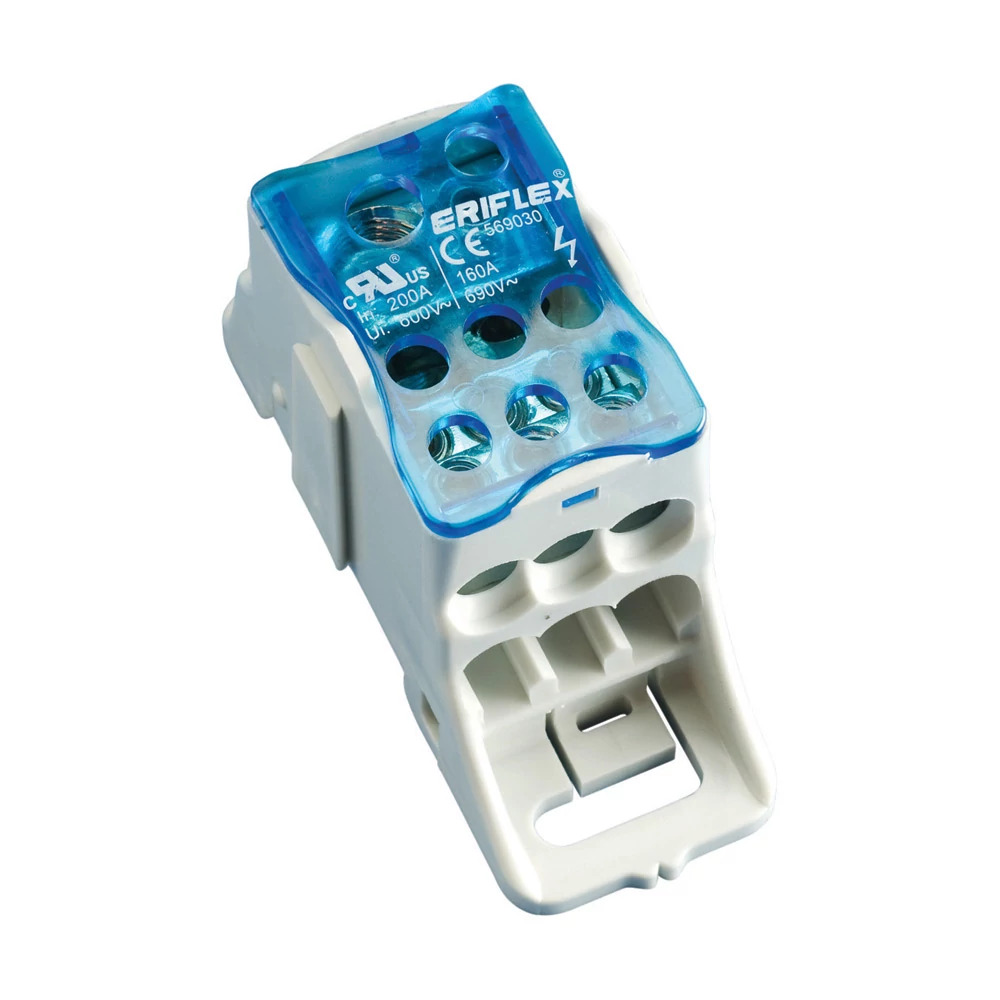UDJ-160A ERI2 Distribution Block, 600 V AC, 1000 V AC/DC, 160/200 A, 1 Poles, (1) 10 to 4 AWG Wire, Copper/Thermoplastic