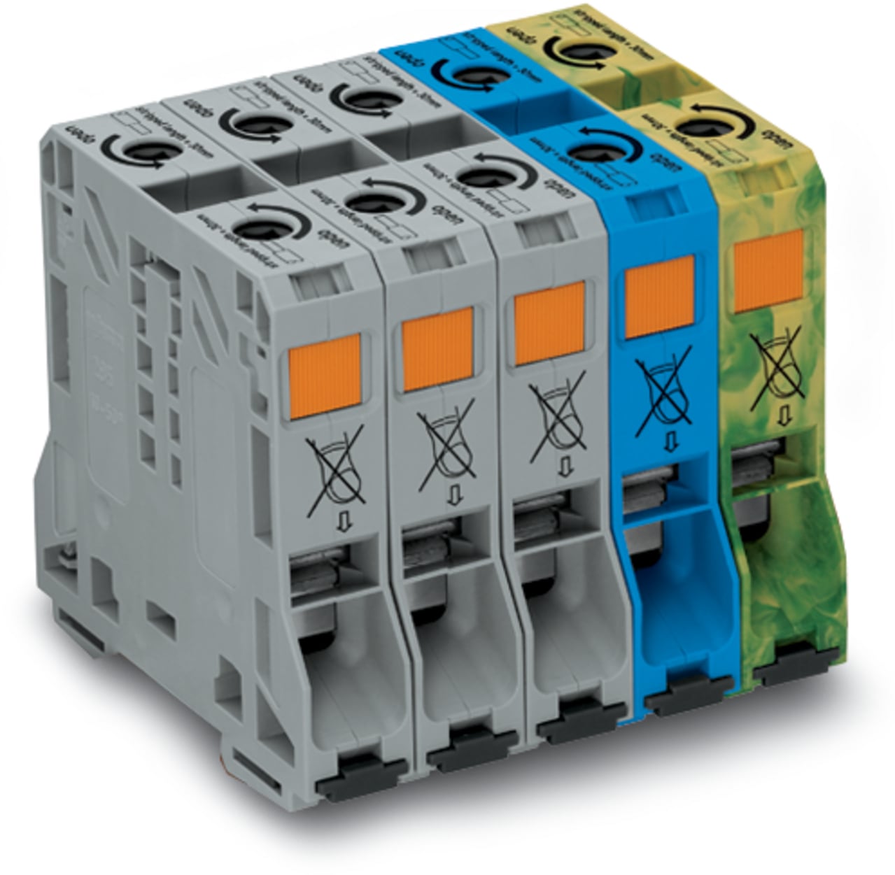 285-159 Operating Tool Three Phase Set Terminal Block, 1000 V IEC/EN, 600 V UL, 150 A, 1/0 AWG Solid Conductor, 1/0 AWG Fine-Stranded Conductor Wire, 5 Poles, DIN Rail Mount