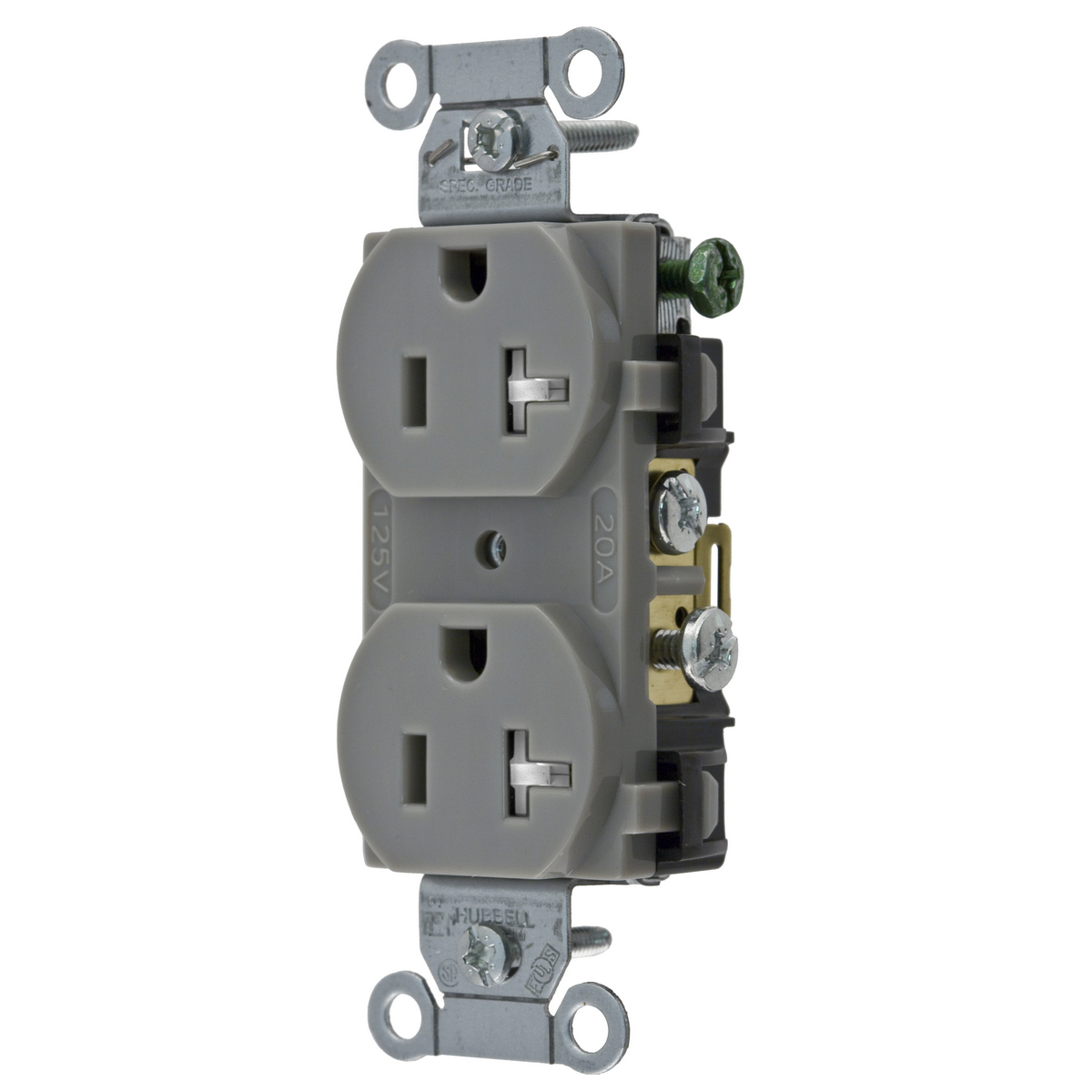 CR20GRYTR 1-Phase Duplex Grounding Tamper Resistant Screw Mount Straight Blade Receptacle, 125 V AC, 20 A, 2 Poles, 3 Wires, Gray
