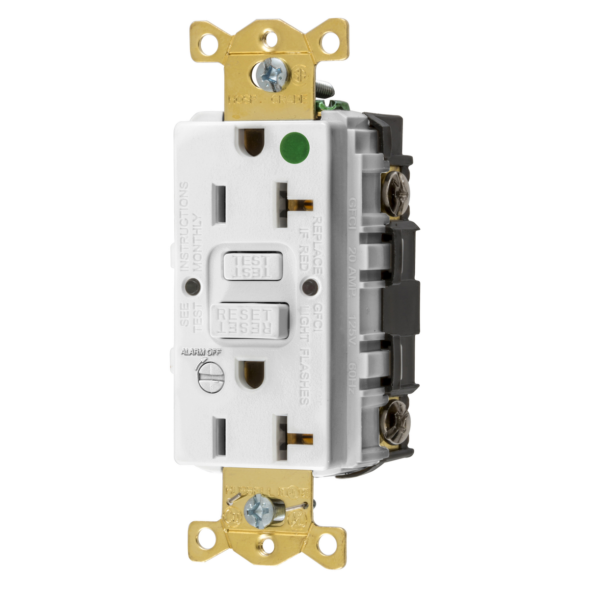 GFRST83WB Self-Test Standard GFCI Receptacle With Alarm, 125 V AC, 20 A, 2 Poles, 3 Wires, White