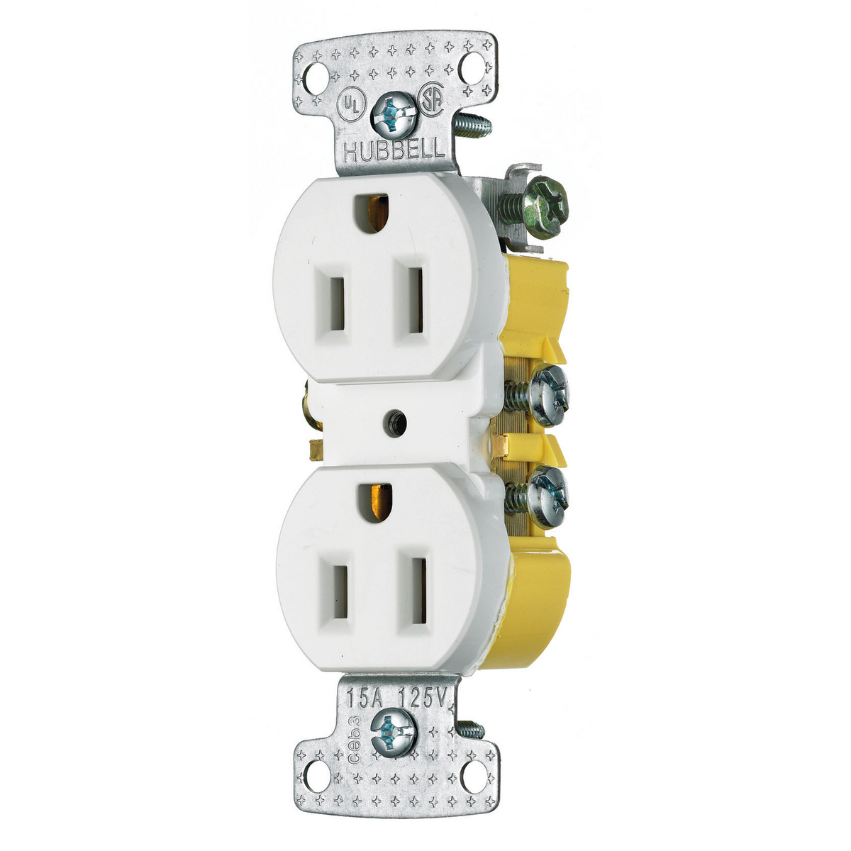 RR15W 1-Phase Duplex Self-Grounding Tamper-Resistant Screw Mount Straight Blade Receptacle, 125 V AC, 15 A, 2 Poles, 3 Wires, White