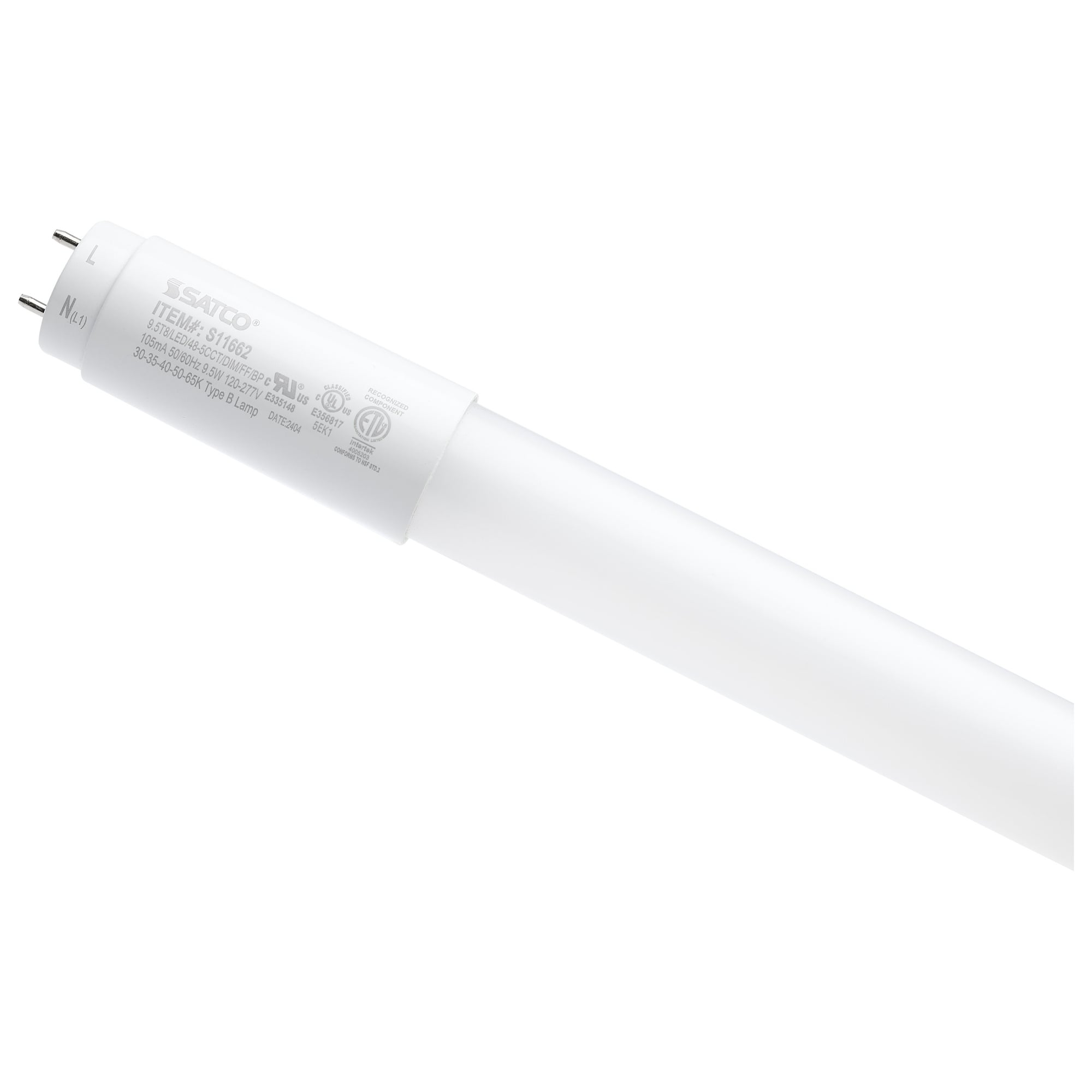 9.5W T8 LED 48 in. 3/35/4/5/6.5K CCT - G13 - Type B BBP - 120-277V - Frost BBP