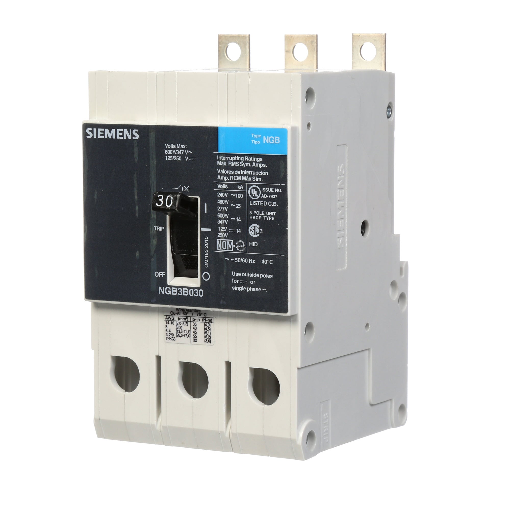 NGB3B030B Type NGB Low Voltage Molded Case Circuit Breaker, 600Y/347 V AC, 30 A, 14 kA Interrupt, 3 Poles, Thermal Magnetic Trip