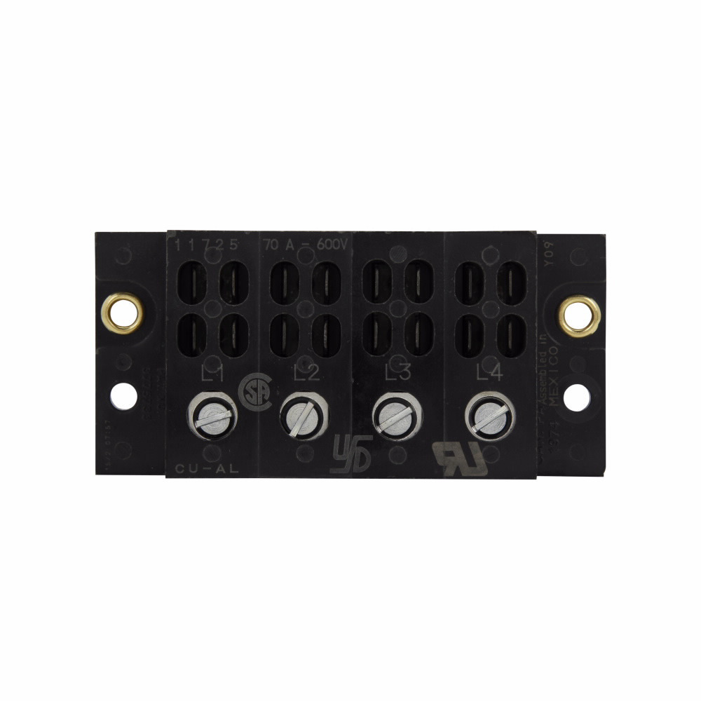 Eaton Bussmann series power terminal block, 600V, 70A, 10 kAIC, Power terminal block, Four-pole, Screw (Line), 0.25 In Quick Connect (Load)