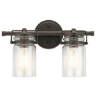Brinley(TM) 15.75in; 2 light vanity light features a modern vintage look with its Olde Bronze finish and clear glass. Inspired by mason jars, the Brinley vanity light is perfect in several aesthetic environments, including modern vintage and transitional.