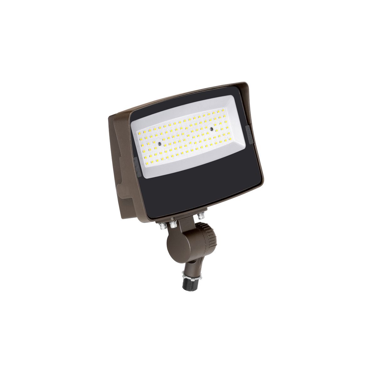 Commercial grade LED flood luminaire for use in outdoor applications such as a commercial building, retail, distribution and educational facilities.