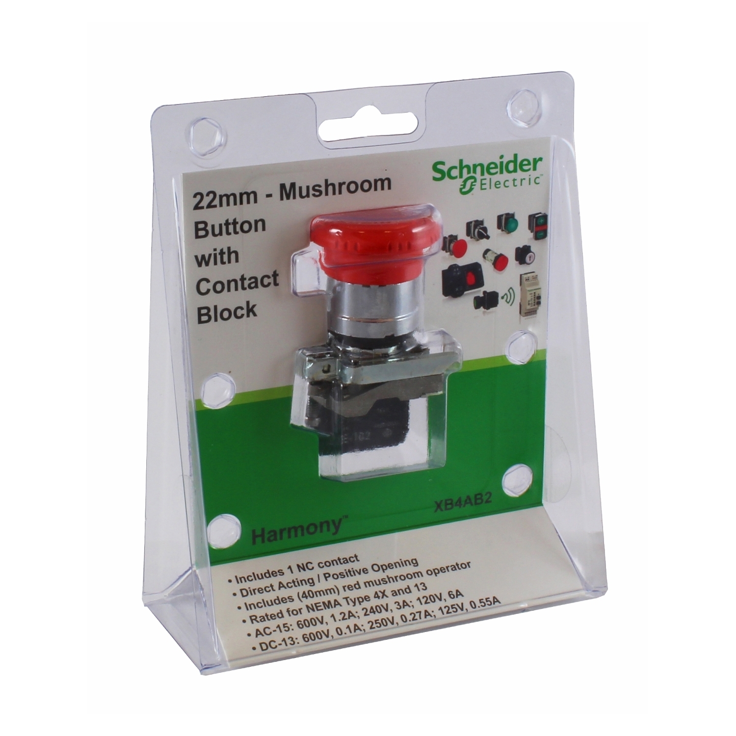 XB4AB2 Harmony Complete Emergency Stop Non-Illuminated Pushbutton, 22 mm, 1NC Contact, Slow Break Contact, Red