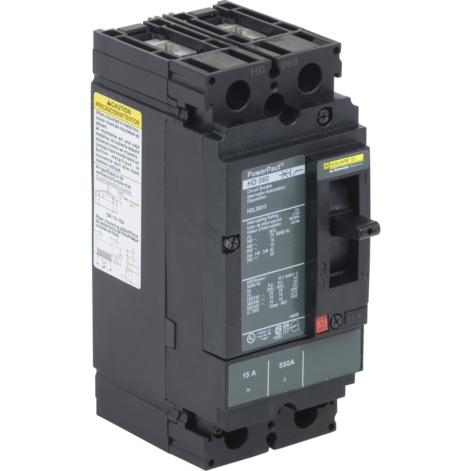 HDL26015C I-Line PowerPact H Type HDL Molded Case Circuit Breaker, 600 VAC, 250 VDC, 15 A, 18/14/20/25 kA Interrupt, 2 Poles, Thermal Magnetic Trip
