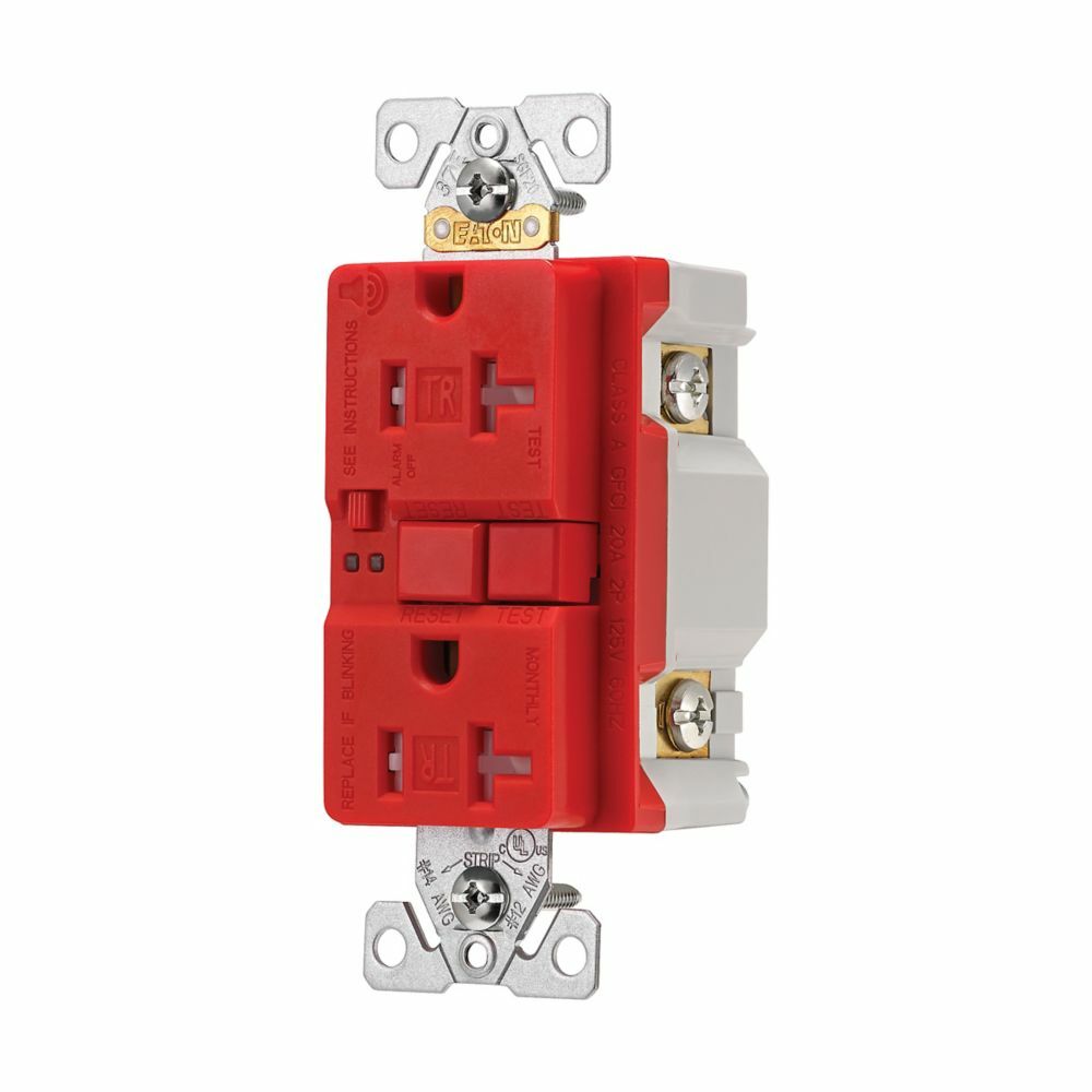 Eaton GFCI receptacle,Audible alarm,Tamper resistant,Self-test,#14 - 10 AWG,20A,Residential,Commercial,Flush,125 V,GFCI,Back and side wire,Red,Brass,Receptacle,Tamper resistant,Polycarbonate,5-20R,Two-pole, three-wire, grounding