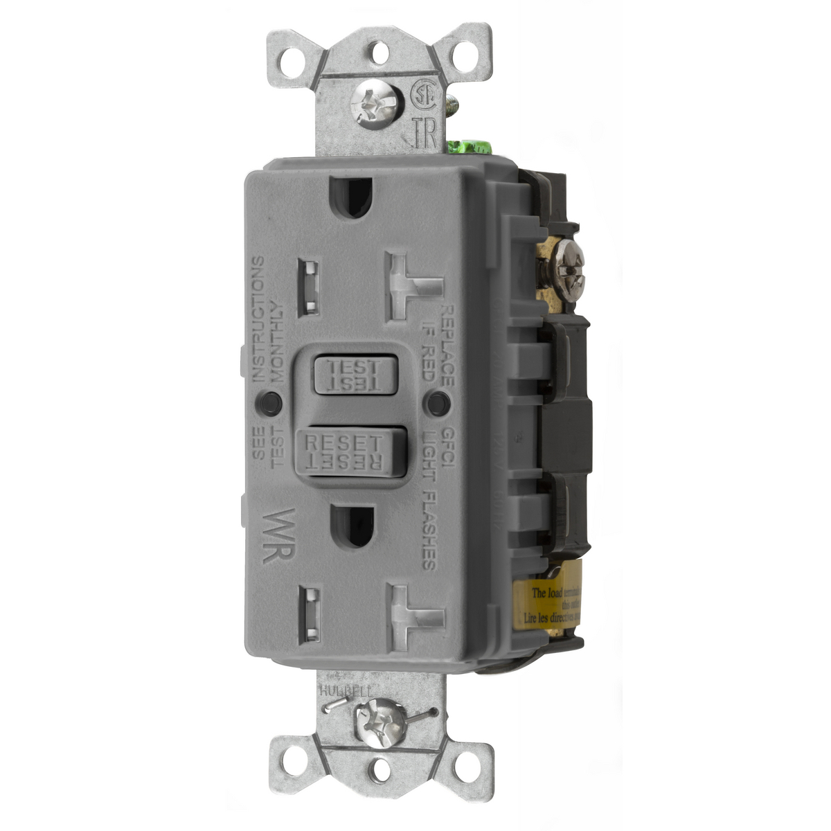 GFTWRST20GY 1-Phase Decorator Duplex Standard Self-Test Screw Mount GFCI Receptacle, 125 VAC, 20 A, 2 Poles, 3 Wires, Gray