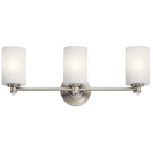 The Joelson(TM) 24in; 3 light LED vanity light features a classic look with its Brushed Nickel finish and satin etched cased opal and clear glass accent glass. The Joelson vanity light is retro inspired and is perfect in several aesthetic environments, including traditional and modern.
