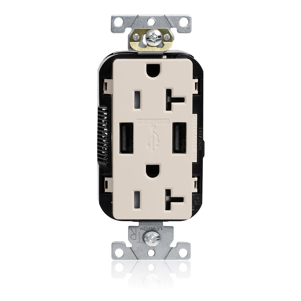 M58AA-T Lev-Lok Combination Duplex Heavy Duty Self-Grounding Smooth Face Tamper-Resistant USB Receptacle, 125 V AC, 20 A, 18 W, 1 hp, 2 Poles, 3 Wires, Light Almond