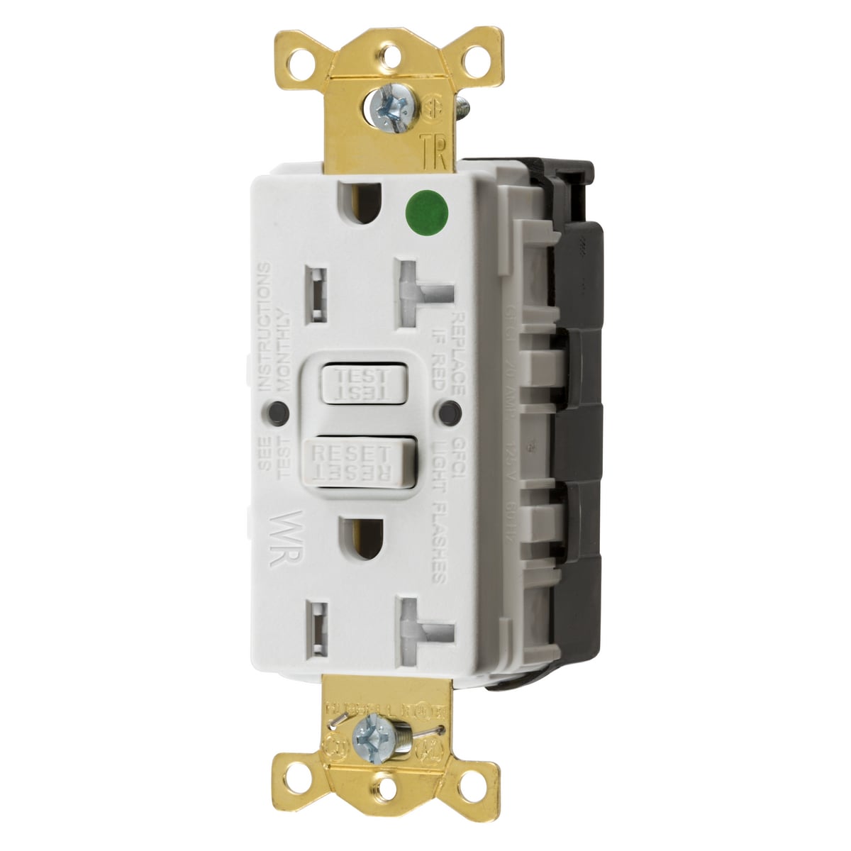 GFTWRST83SNAPW 1-Phase Decorator Duplex Heavy Duty Standard Straight Blade Self-Test Tamper/Weather-Resistant Screw Mount GFCI Receptacle, 125 VAC, 20 A, 2 Poles, 3 Wires, White
