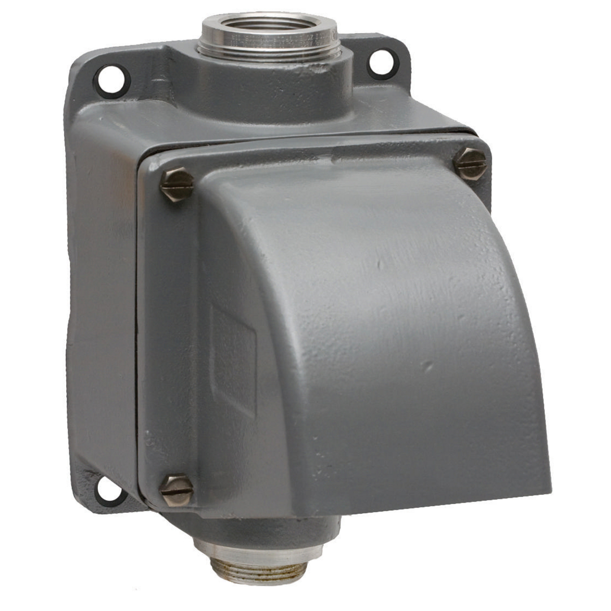 MB601006W 1-Outlet, 4-Way 15 deg Angled Feed-Through Standard Back Box With 1-1/4 in NPT Hub Knockout, 7.98 in H x 6.14 in W x 8.55 in D, For Use With Insulgrip 60, 100 A Pin and Sleeve Devices, Cast Aluminum