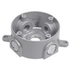 Round Box, 12.08 Cubic Inches, 3-1/2 Inch Diameter, 1-5/8 Inches Deep, Hub Size 1/2 Inch, Aluminum, with 5 Tapped Holes, 4 Closure Plugs with Cast Mounting Lugs, Vaportight
