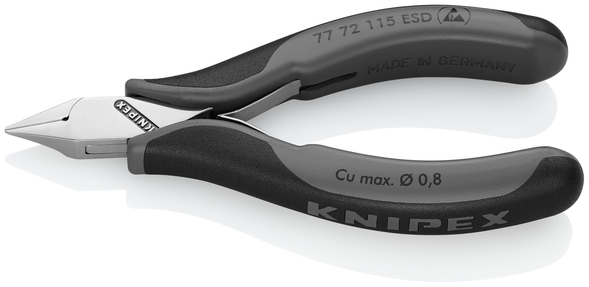 Electronics Diagonal Cutters-ESD Handles, 4 1/2 in., Multi-component, Polished, Semi-flush with Small Bevel Cut, Tapered Head, Up to 1/32 in. Soft Wire