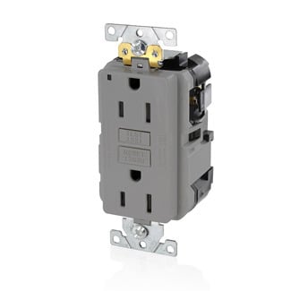 MGFN1-GY SmartlockPro Slim Duplex Feed Through Self-Test GFCI Receptacle, 125 V AC, 15 A, 2 Poles, 3 Wires, Gray