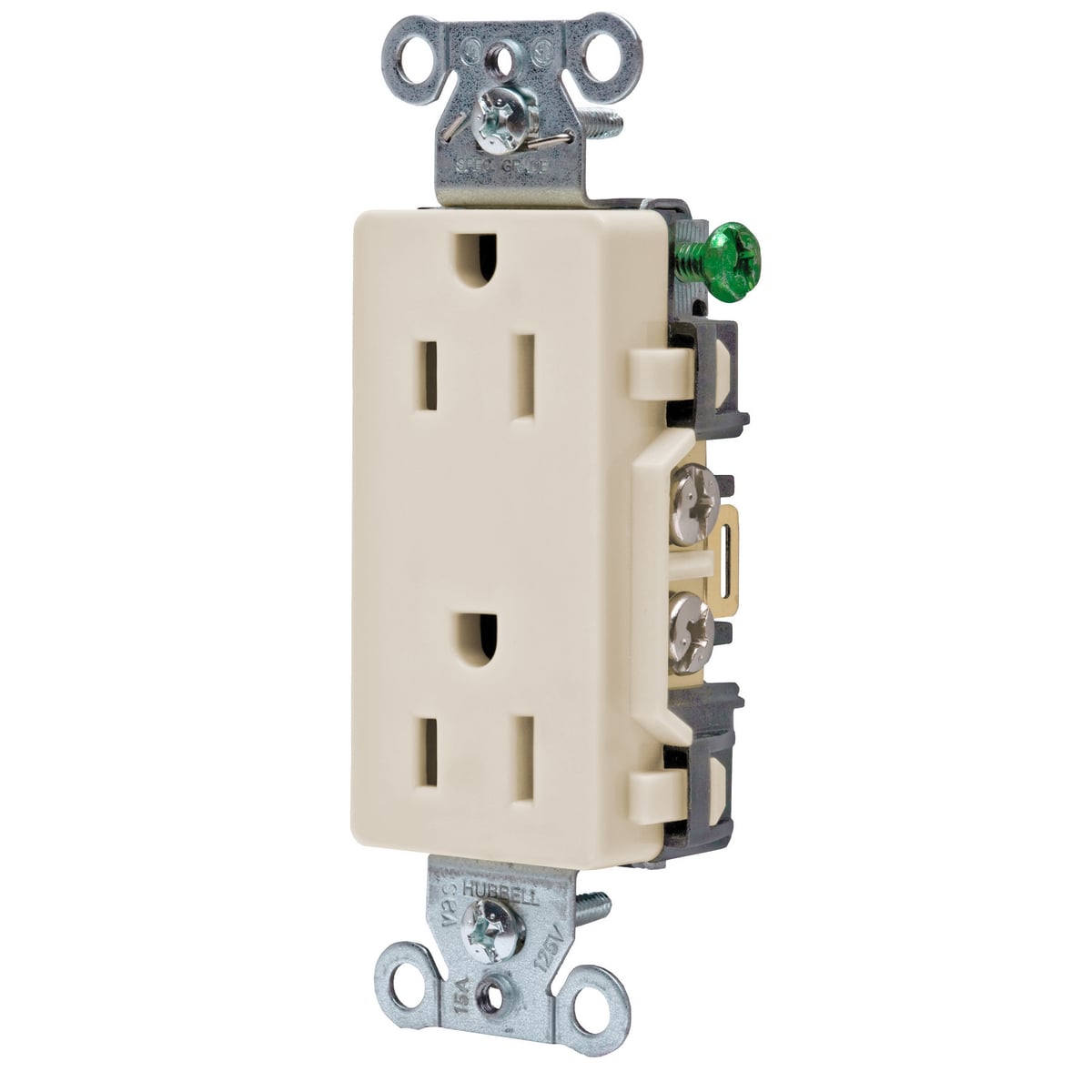 DR15LA 1-Phase Decorator Duplex Standard Screw Mount Straight Blade Receptacle, 125 V AC, 15 A, 2 Poles, 3 Wires, Light Almond