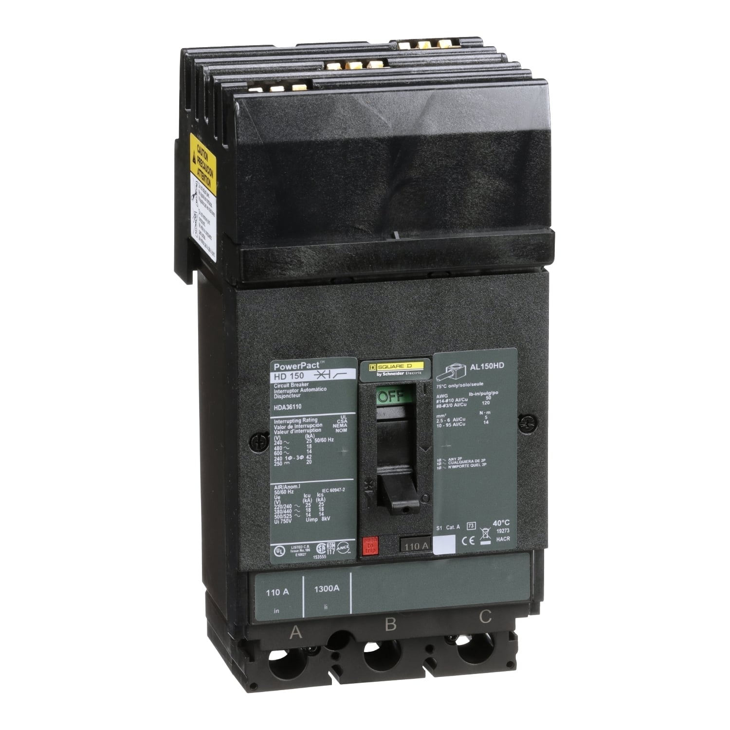 HDA36110 PowerPact 80% Rated Type HDA Molded Case Circuit Breaker, 600 V AC/250 V DC, 110 A, 25 kA at 240 VAC/18 kA at 480 VAC/14 kA at 600 VAC/20 kA at 250VDC Interrupt, 3 Poles, Thermal Magnetic Trip
