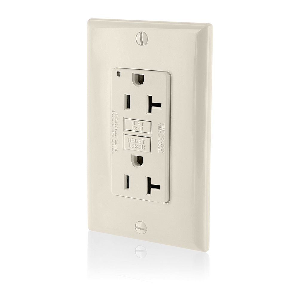 GFNT2-T SmartlockPro Slim Feed Through Non-Tamper Resistant Self-Test Standard Duplex GFCI Receptacle With LED Indicator, 125 V AC, 20 A, 2 Poles, 3 Wires, Light Almond