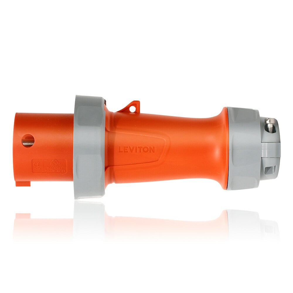 460P12WLEV LEV Series Dustight North American Rated Watertight Pin and Sleeve Plug, 125/250 V AC, 60 A, 3 Poles, 4 Wires, Orange