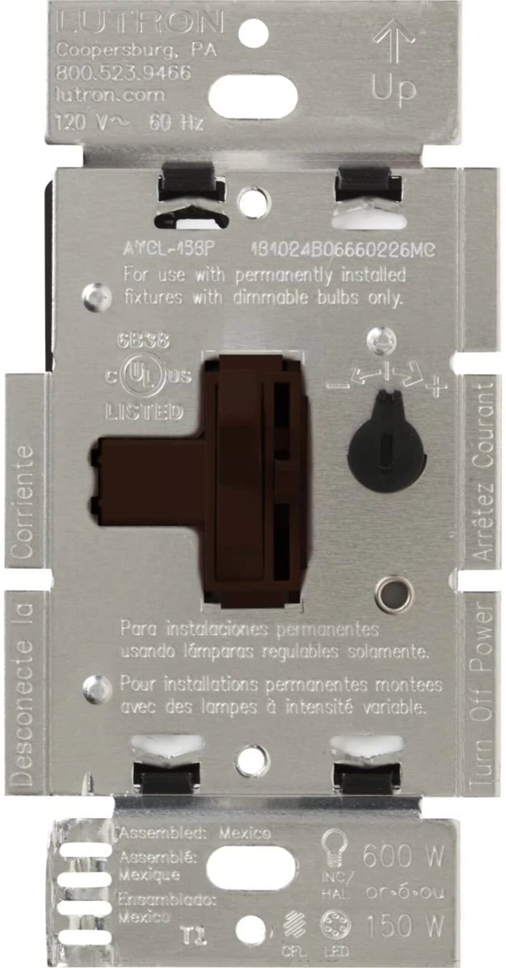 AYCL-153PH-BR Ariadni LED+ Dimmer Switch, 150W LED, 1 Pole/3-Way, No Neutral Required, 120V, Brown