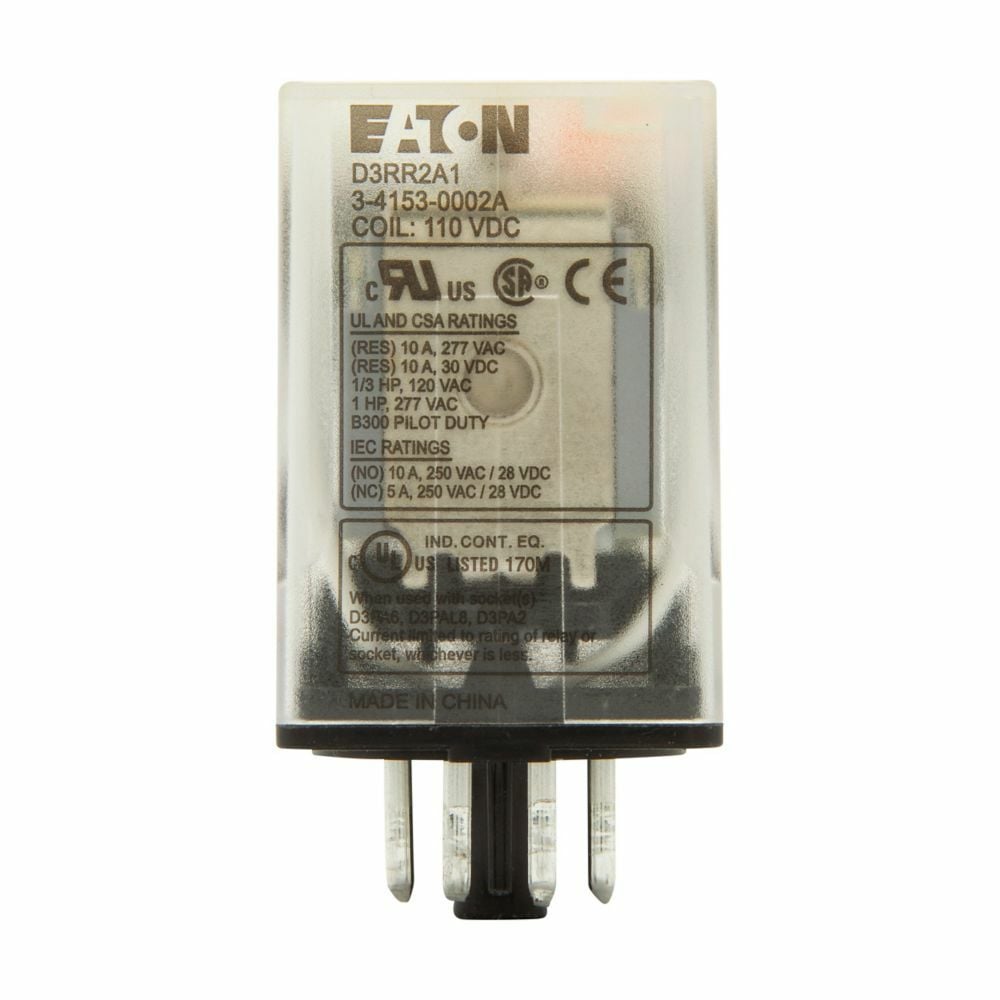 D3RR2A1 Fixed Contact Ice Cube Standard General Purpose Relay, 16 A, 8 Pin, 2 Form C DPDT Contact, 110 V DC V Coil
