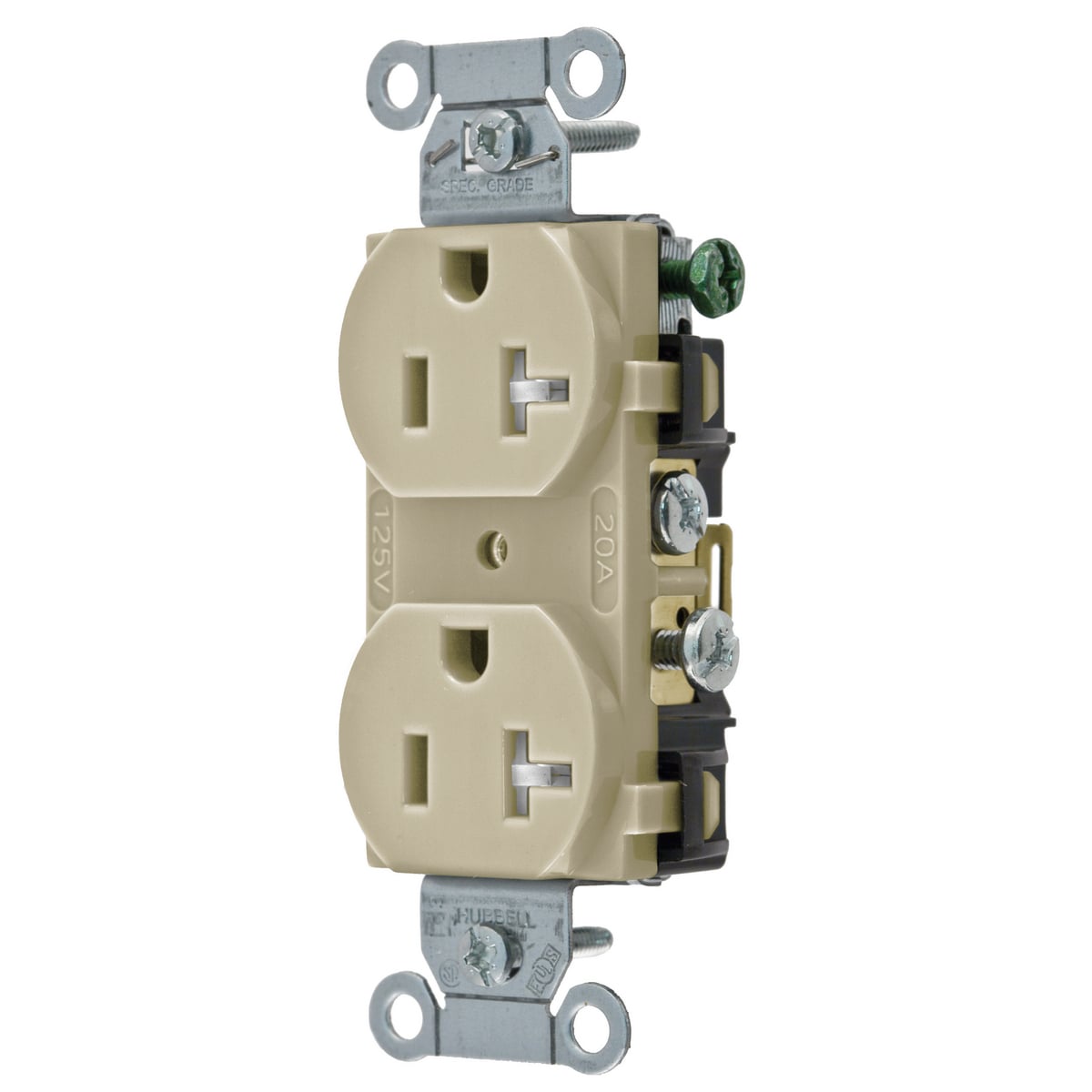 CR20ITR 1-Phase Duplex Self-Grounding Standard Tamper Resistant Traditional Screw Mount Straight Blade Receptacle, 125 V AC, 20 A, 2 Poles, 3 Wires, Ivory