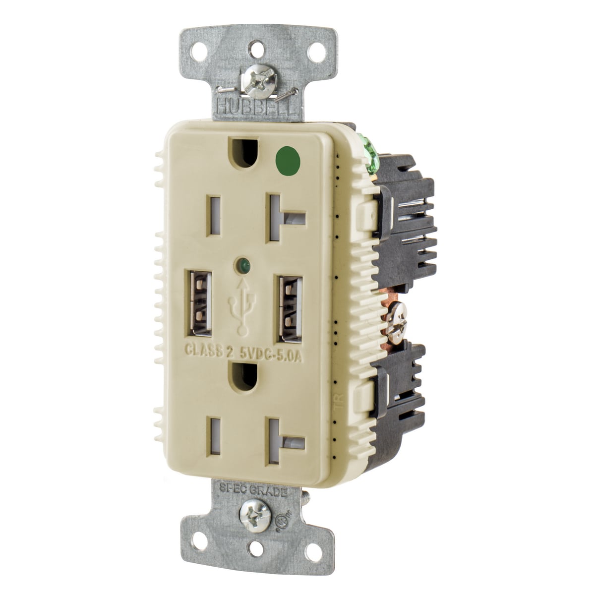USB8300A5I Duplex Grounding Tamper-Resistant Standard USB Charger Receptacle With Green LED, 125 V AC, 20 A, 1 hp, 2500 W, 1 Phase, 2 Poles, 3 Wires, Ivory