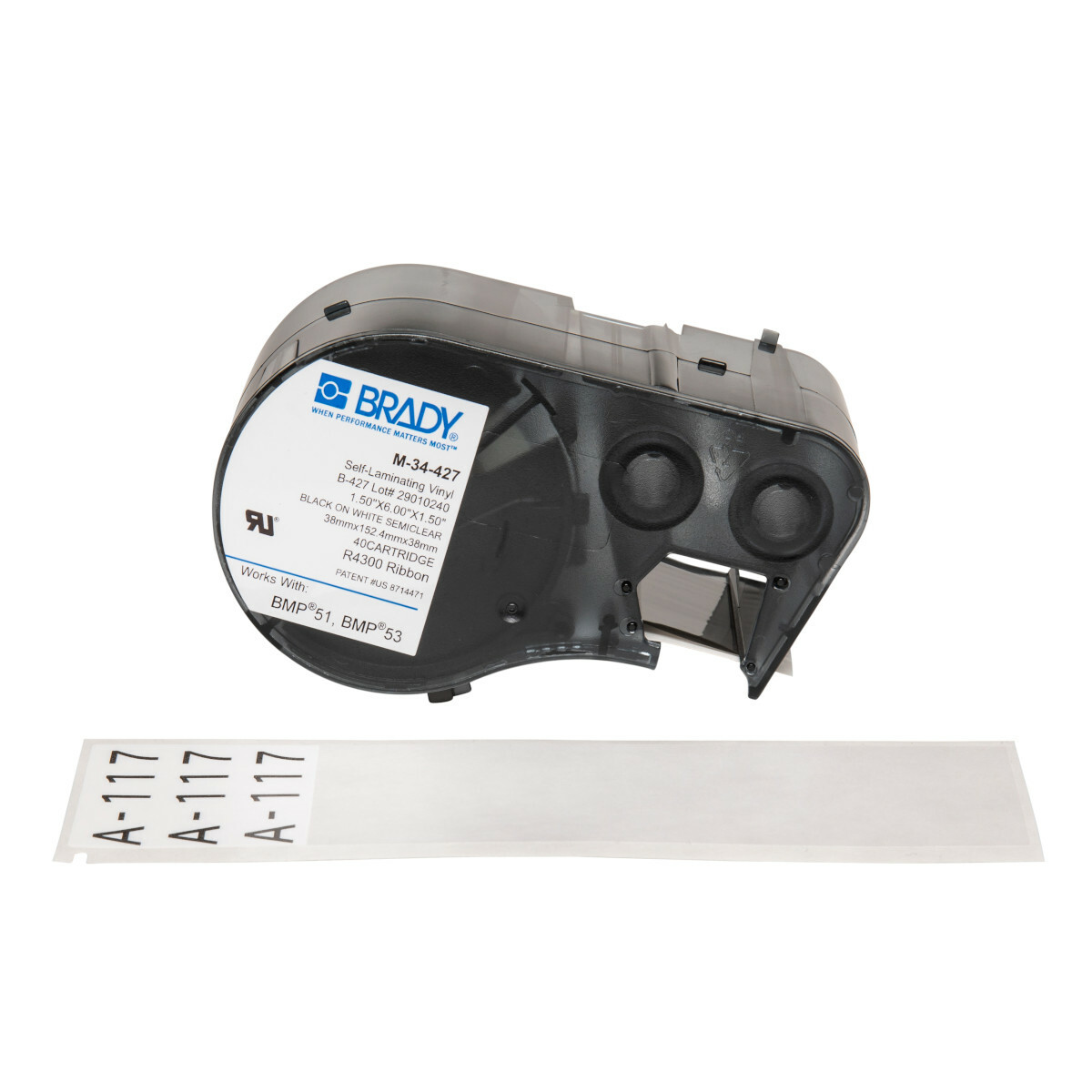 M-34-427 M Series Rectangular Self-Laminated Cartridge Label, 1-1/2 in L x 6 in W, For Use With BMP 51 and BMP 53 Label Maker, B-427 Vinyl, Black on Clear/White