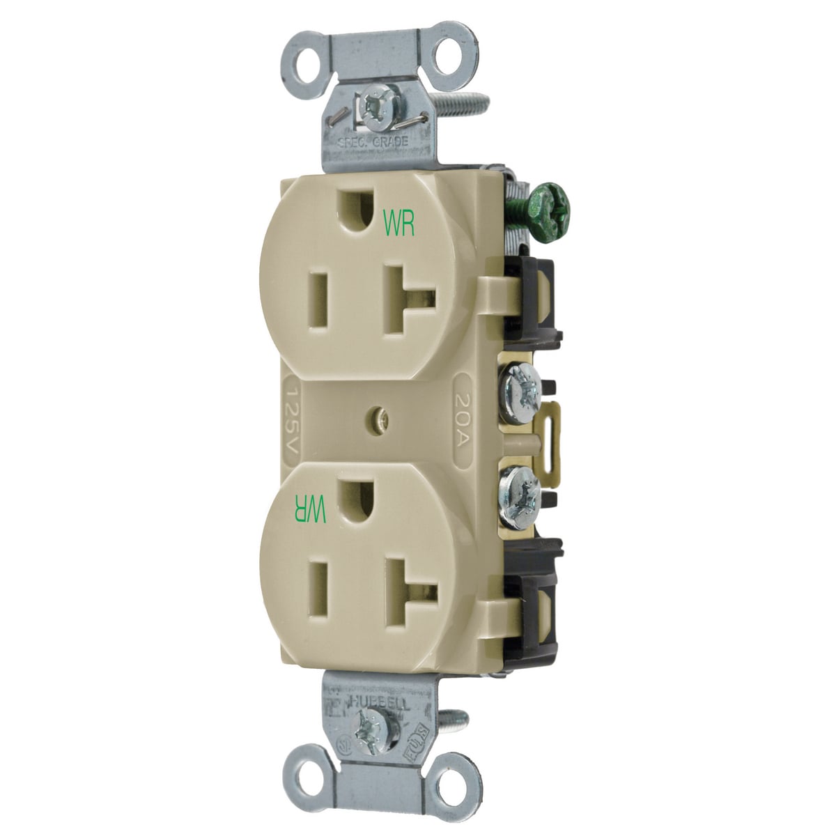 BR20IWR 1-Phase Duplex Standard Traditional Weather-Resistant Screw Mount Straight Blade Receptacle, 125 V AC, 20 A, 2 Poles, 3 Wires, Ivory
